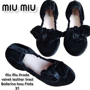 Miu Miu Prada Black Velvet  leather lined Ballerina bow Flats 37 USA 6.5